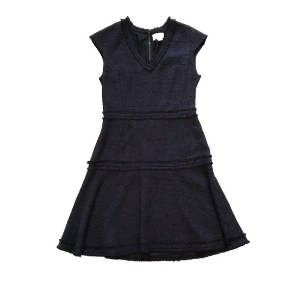 Charlotte Brody Boucle A-Line Dress Womens 2 Navy Blue V-Neck Cap Sleeve Fringe